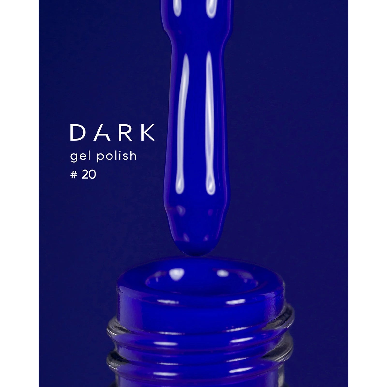 Dark blue gel polish bottle with brush, labeled gel polish #20 for manicure