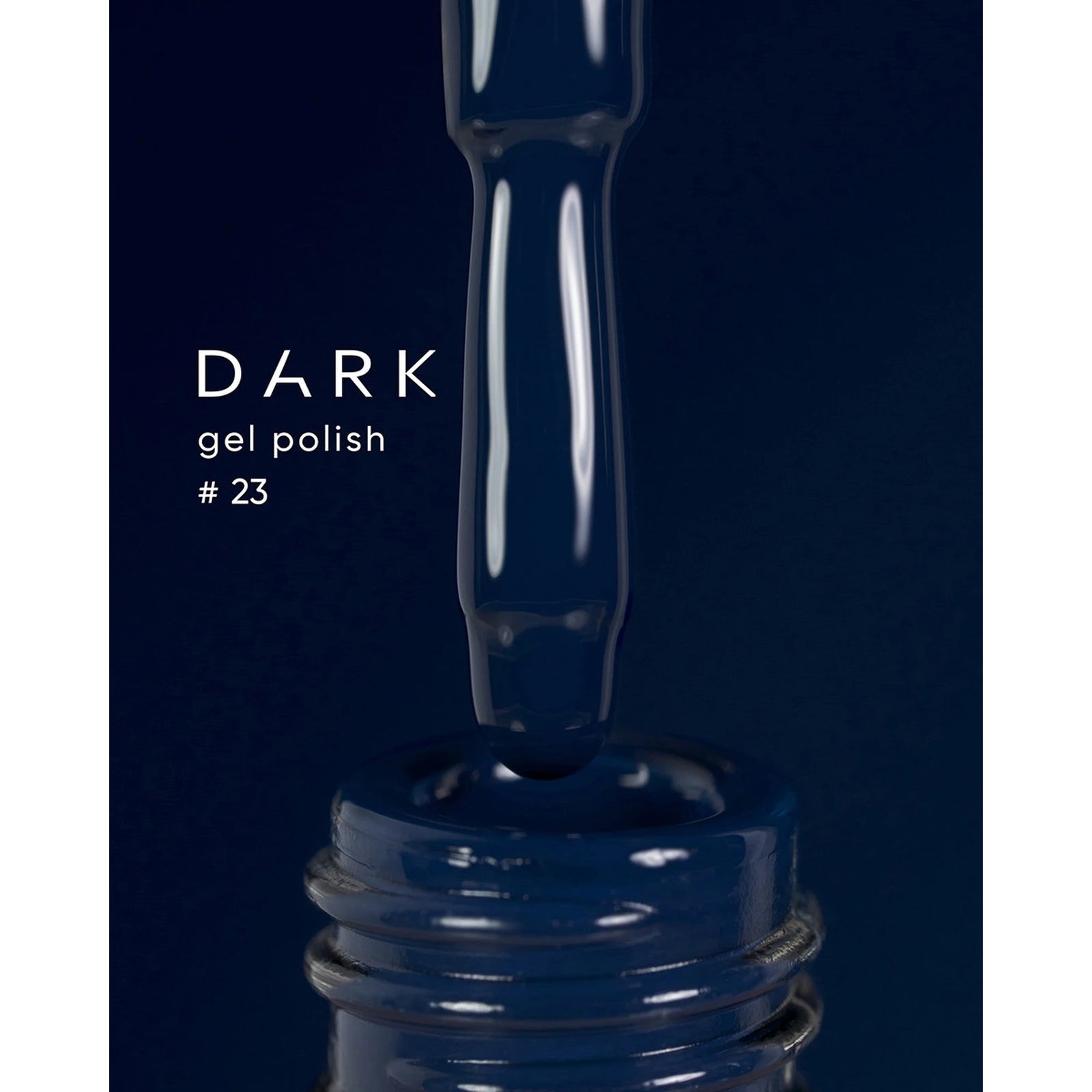 Dark gel polish #23 with brush applicator over open bottle, deep navy color