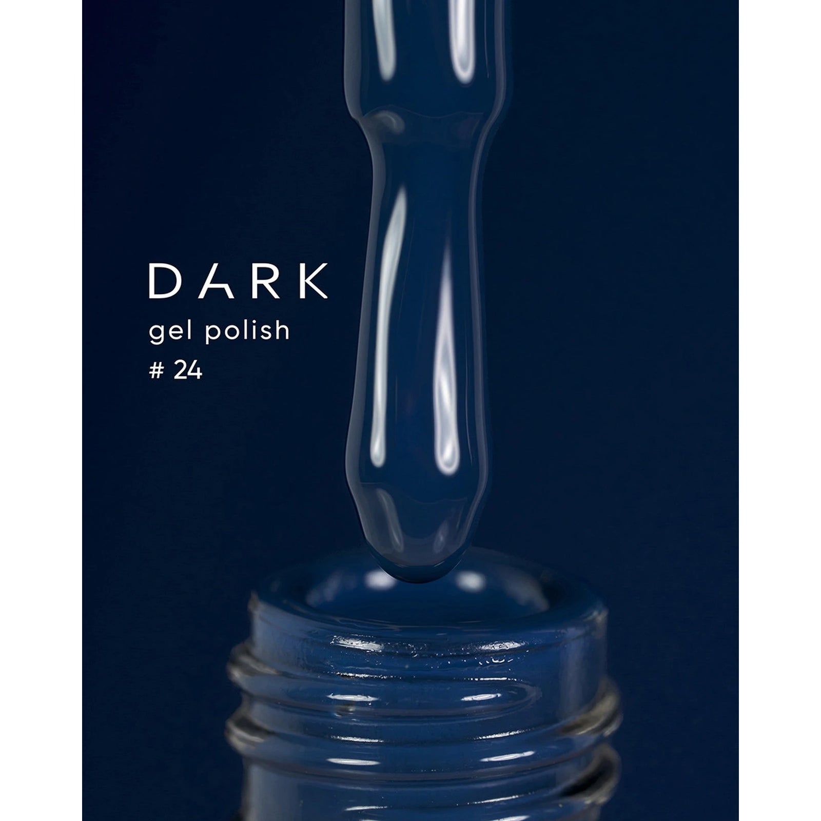 Dark blue gel polish #24 for manicures, glossy finish, shown on brush over bottle