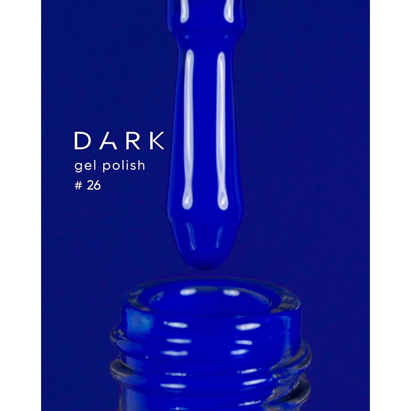 Dark blue gel nail polish bottle with brush, shade number 26, vivid blue manicure product