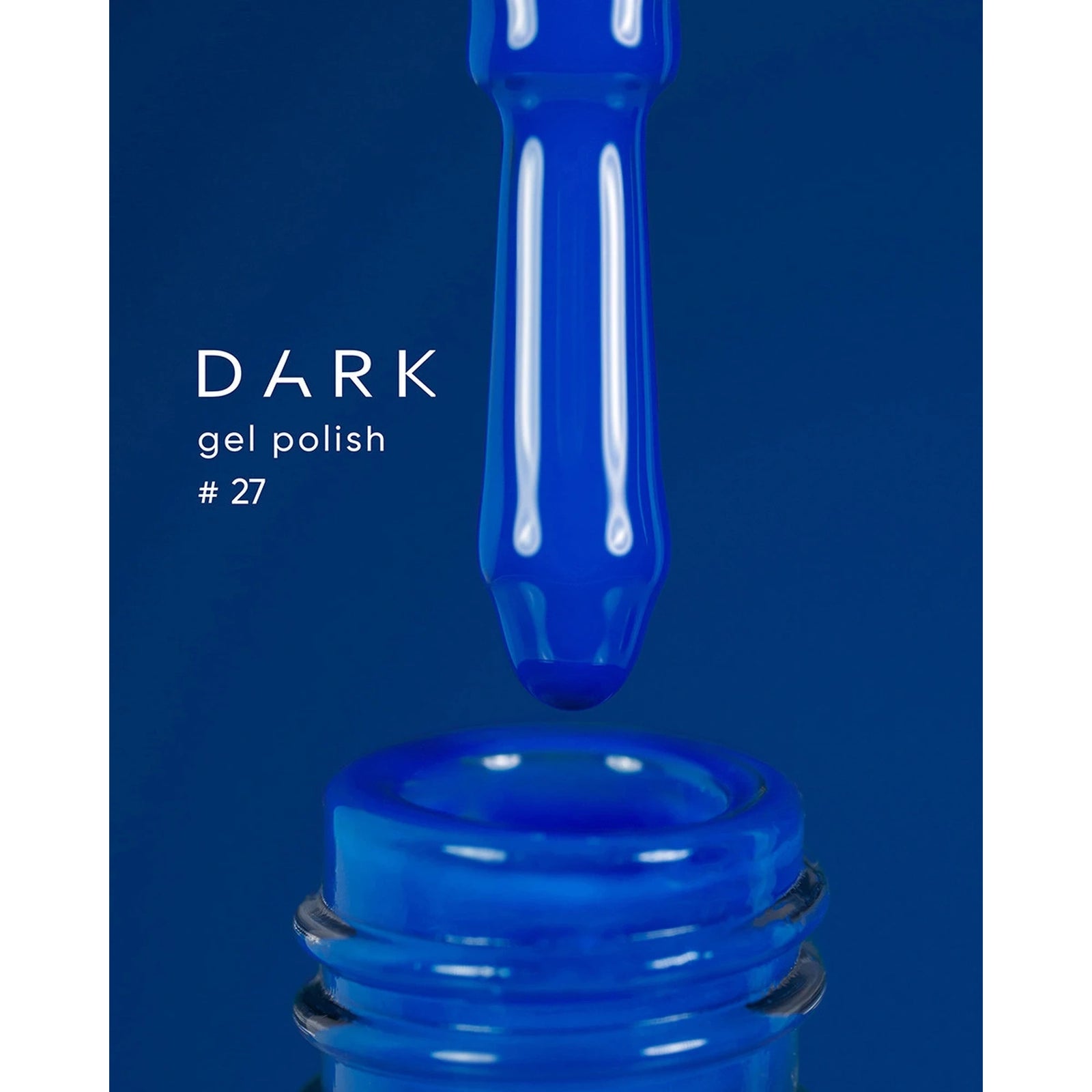 Blue gel nail polish bottle with applicator, labeled DARK gel polish #27.
