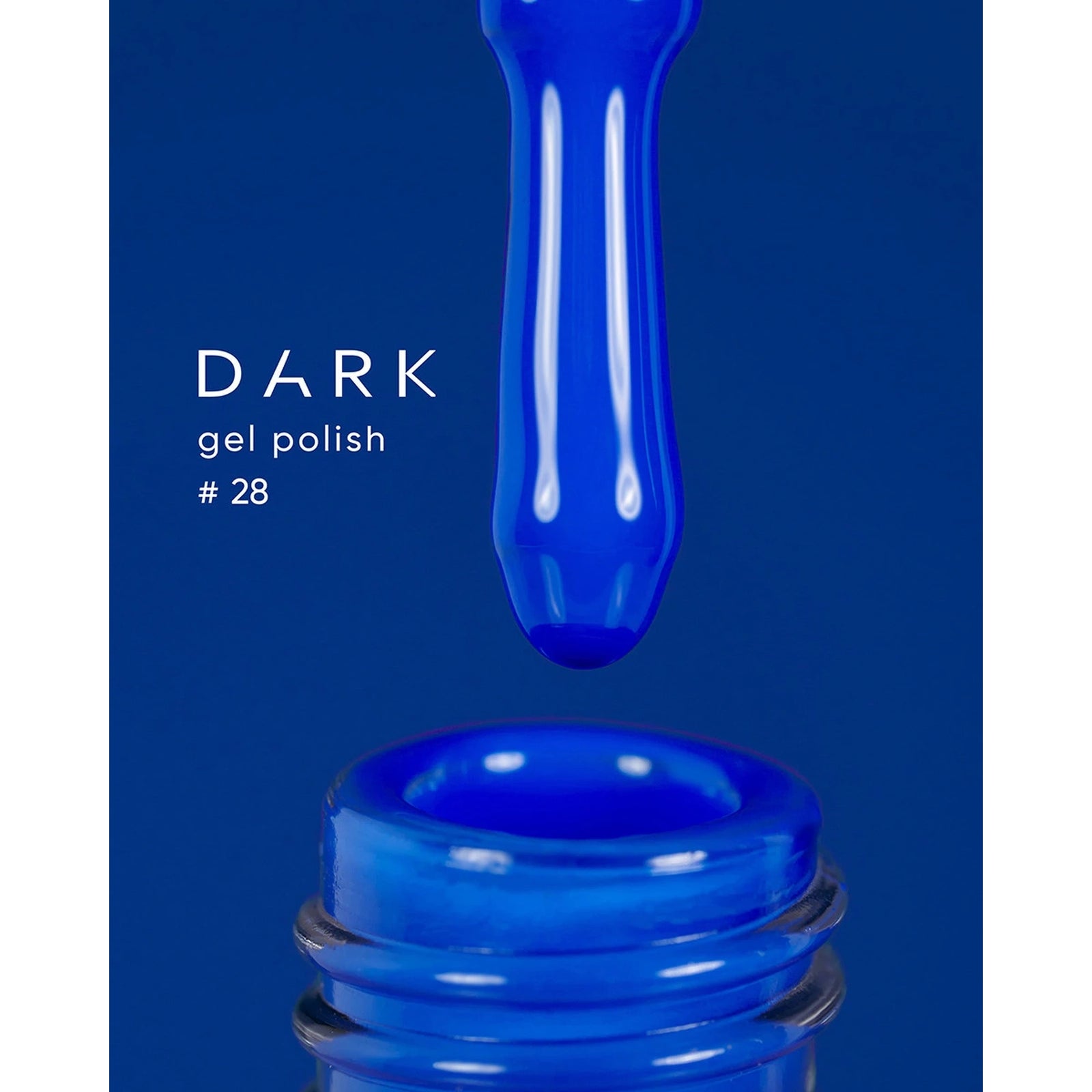 Bright blue gel polish bottle with dropper, labeled DARK gel polish #28, on blue background