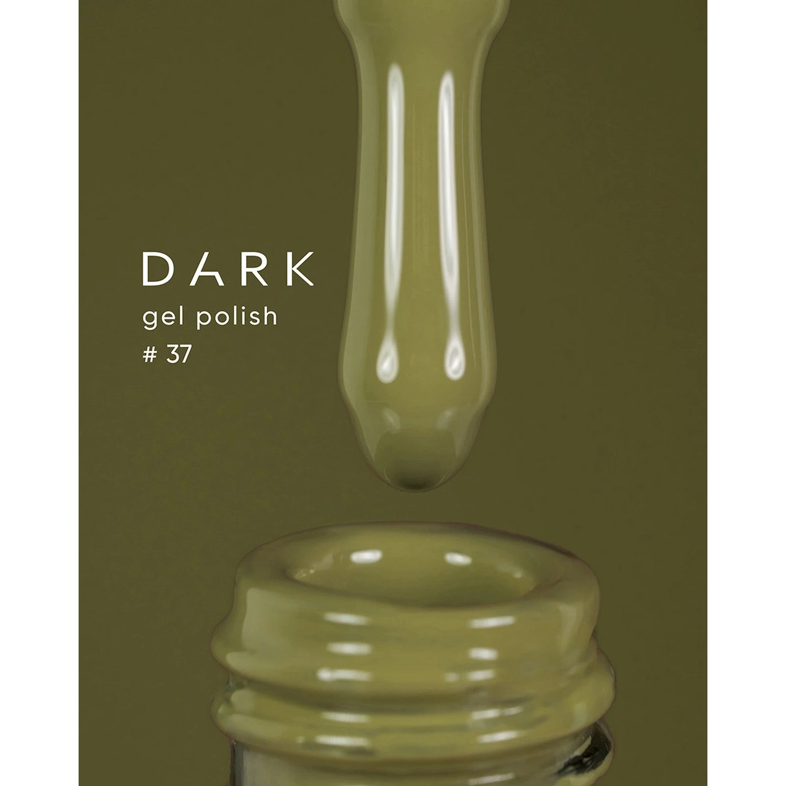 Olive green gel polish drop dripping from brush above bottle, labeled Dark gel polish #37.