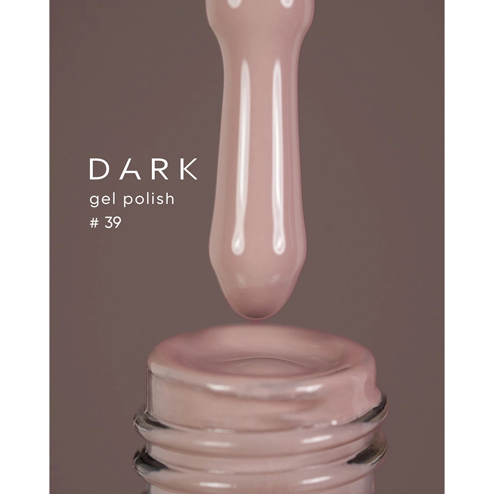 Beige nude gel polish dropper above open bottle, labeled Dark gel polish #39.