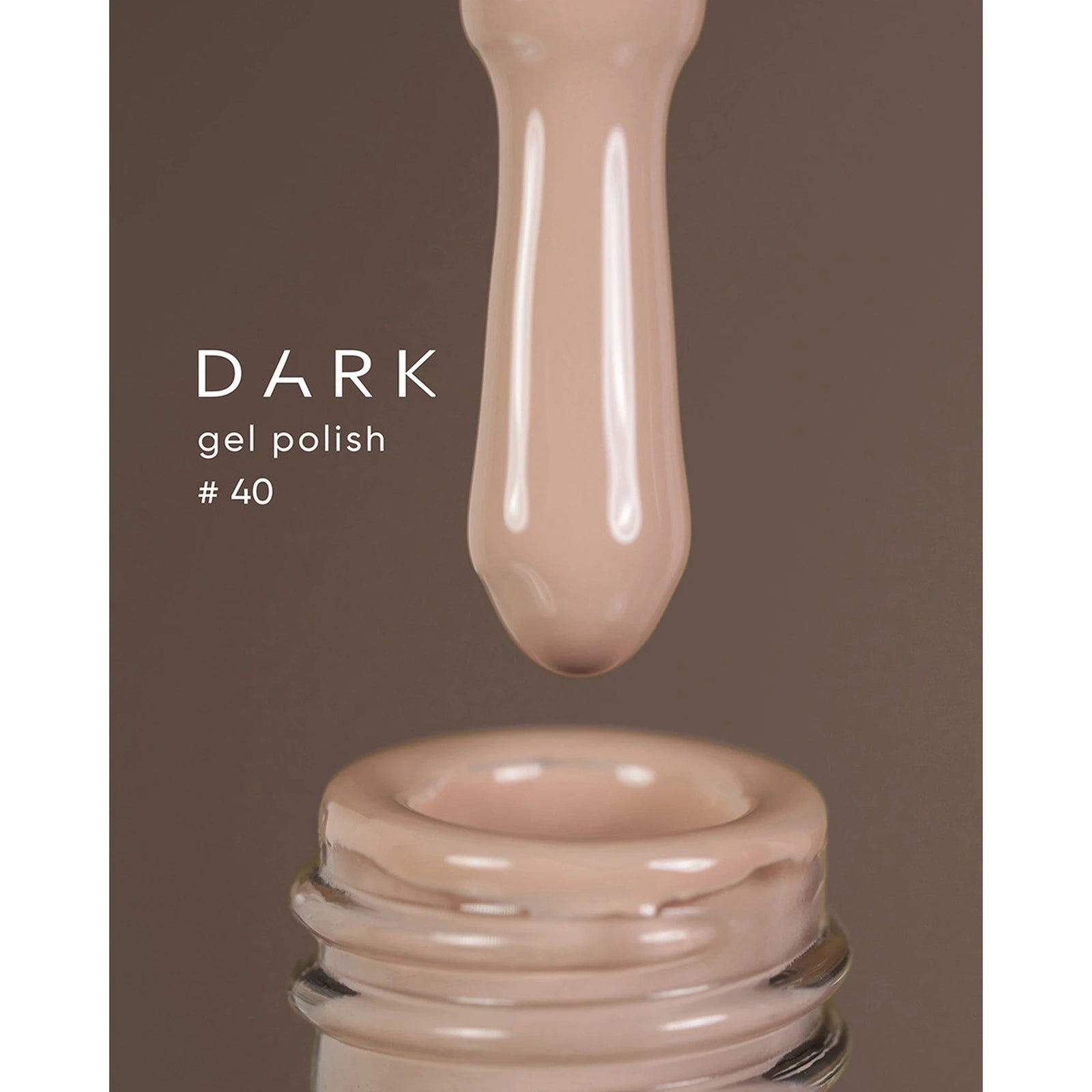 Beige nude gel polish dripping from brush into open bottle, labeled Dark gel polish #40.