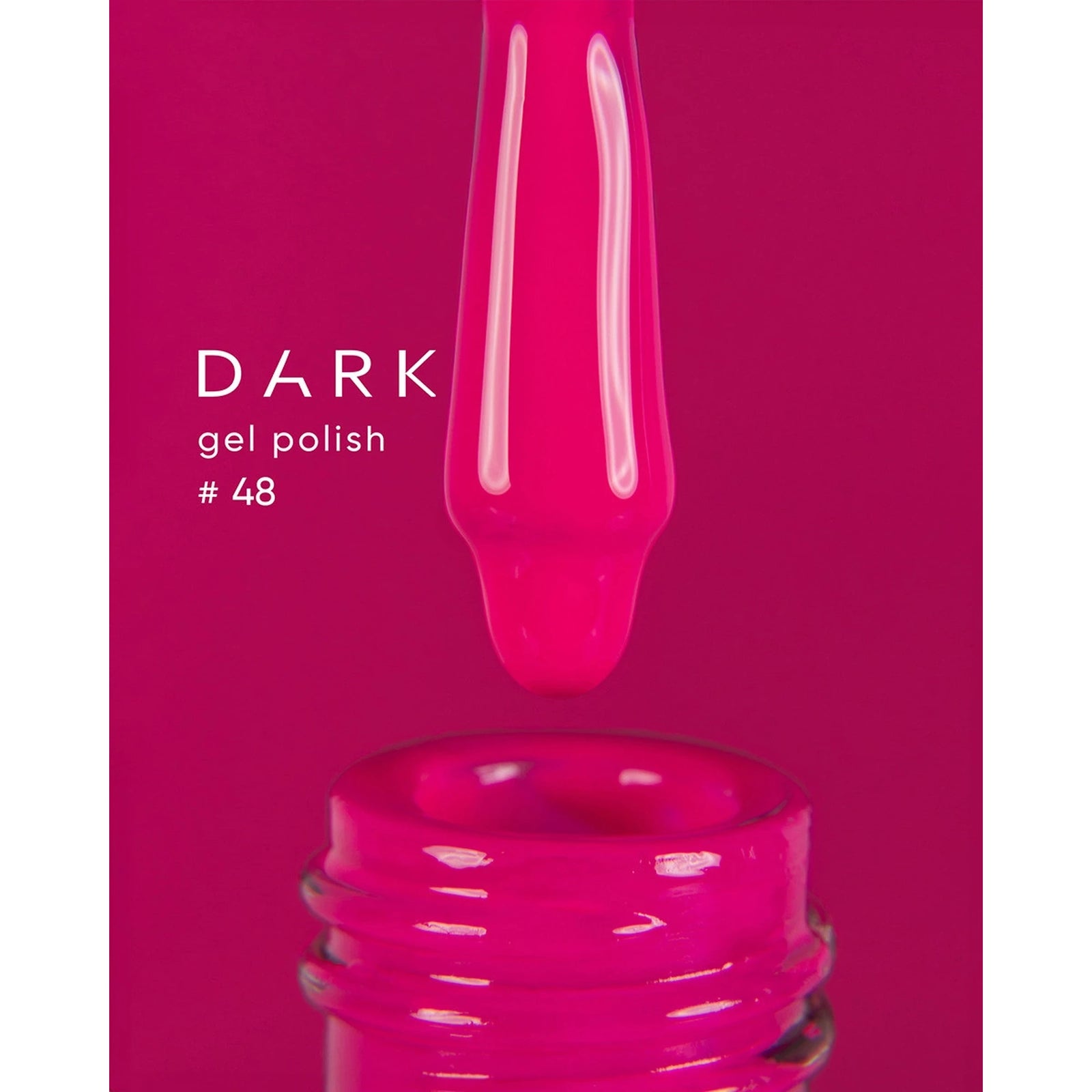 Bright pink gel nail polish brush and bottle with 'Dark gel polish #48' text.