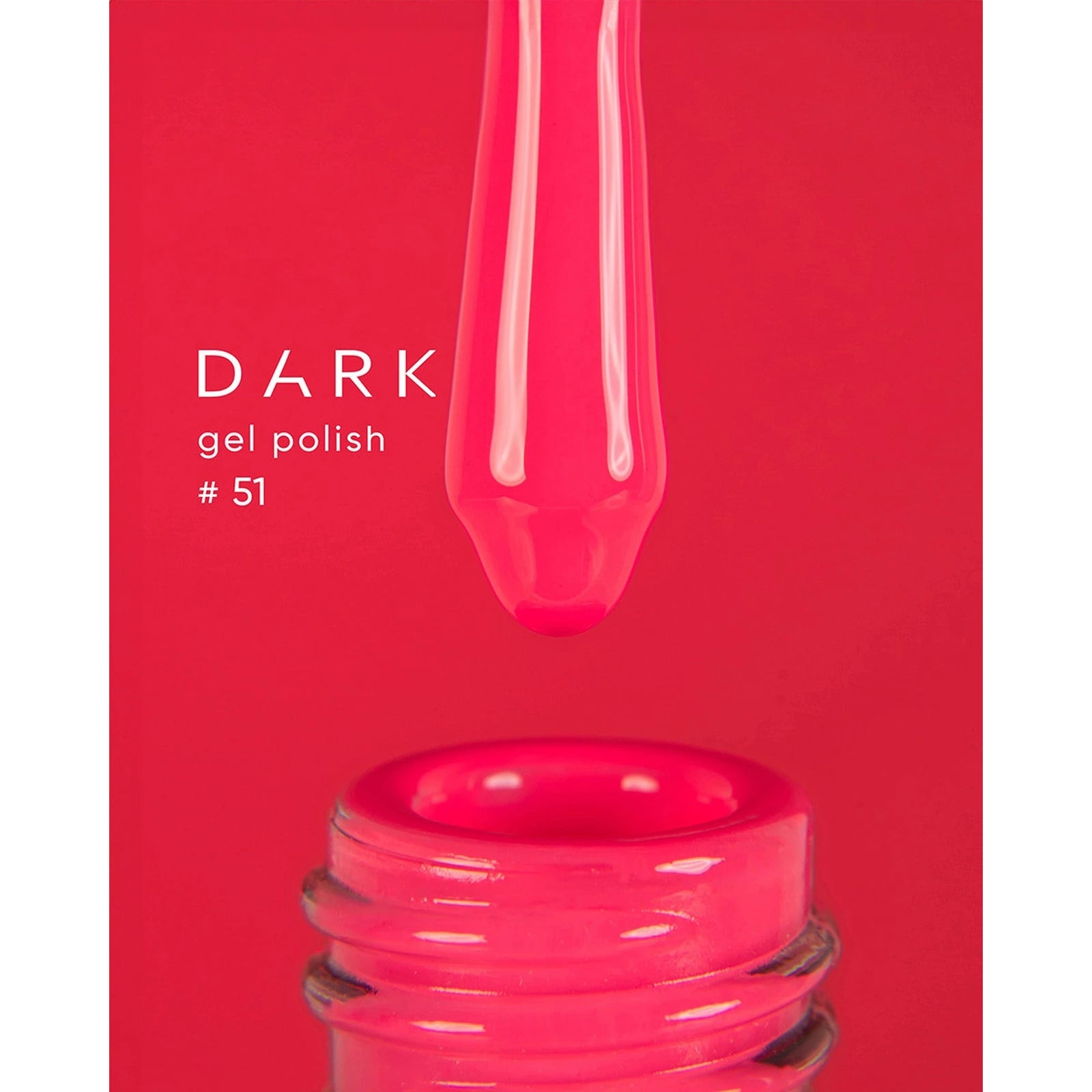 Bright pink gel polish bottle with applicator, labeled dark gel polish #51, for manicure