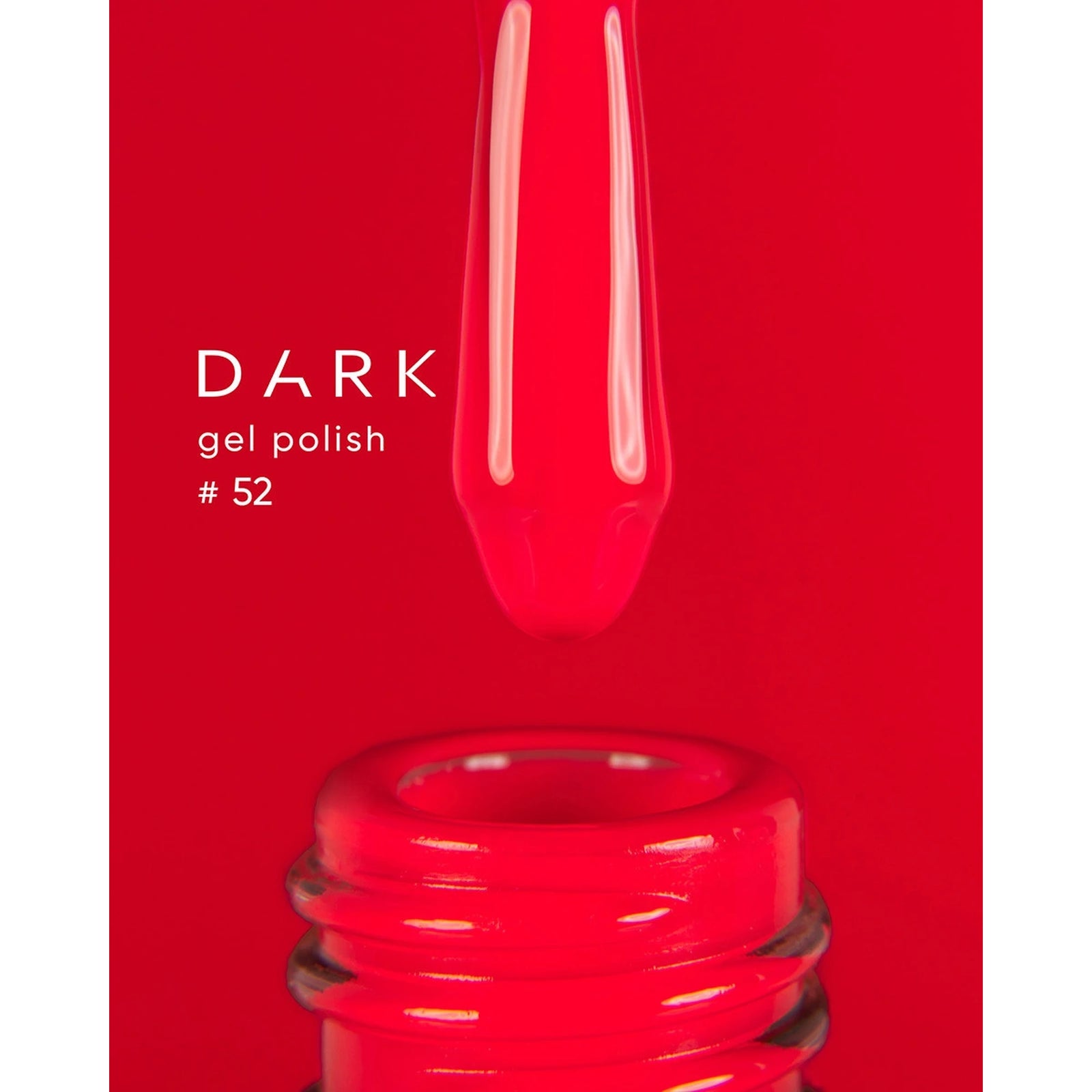 Bright red gel nail polish bottle with brush, labeled Dark gel polish #52
