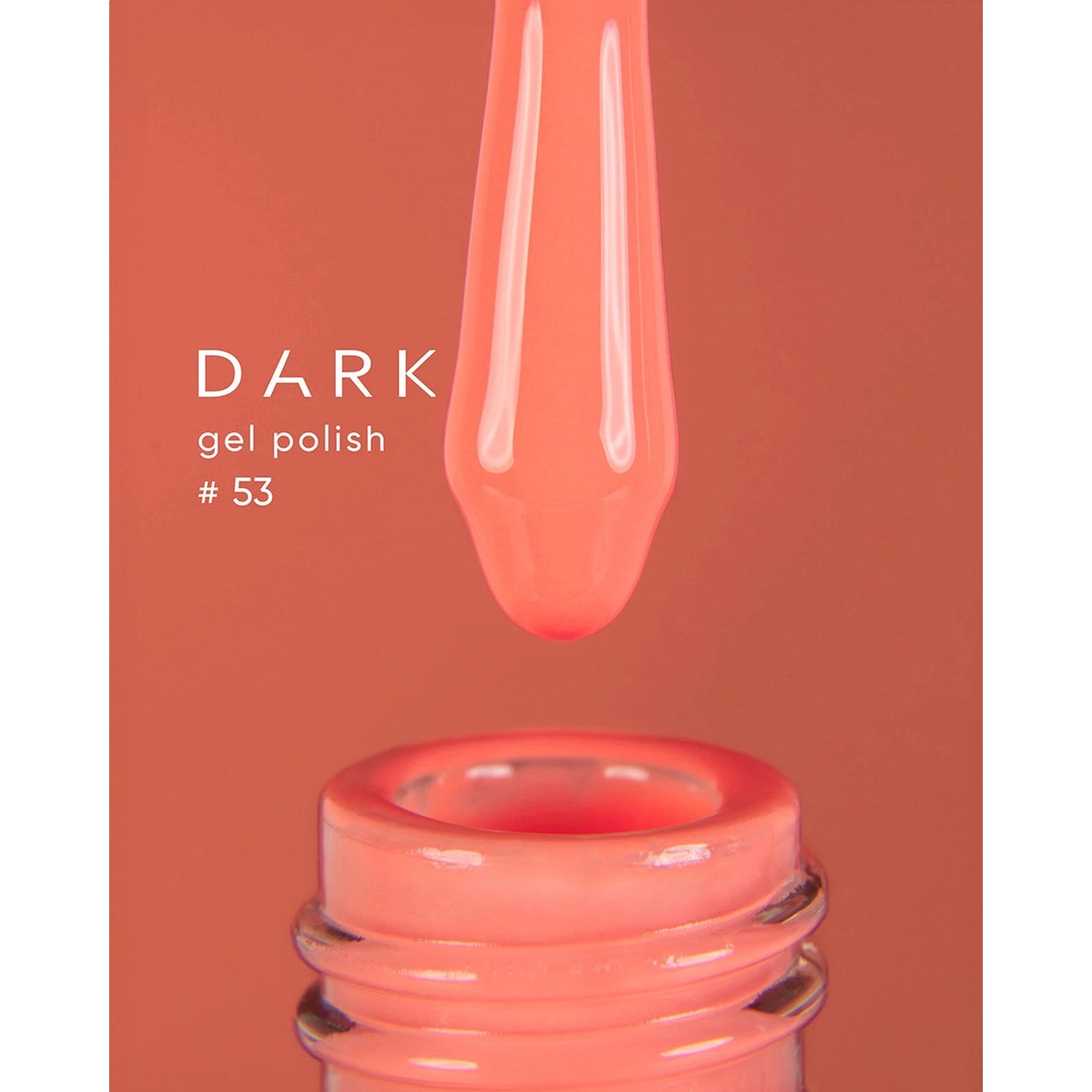 Coral pink gel polish bottle with brush applicator, labeled Dark gel polish #53.