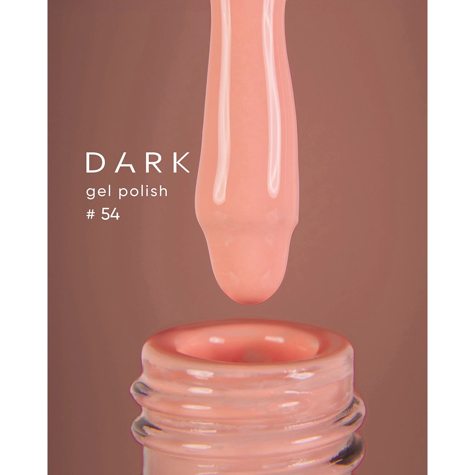 Pink nude gel nail polish being dispensed from brush into bottle, labeled Dark gel polish #54