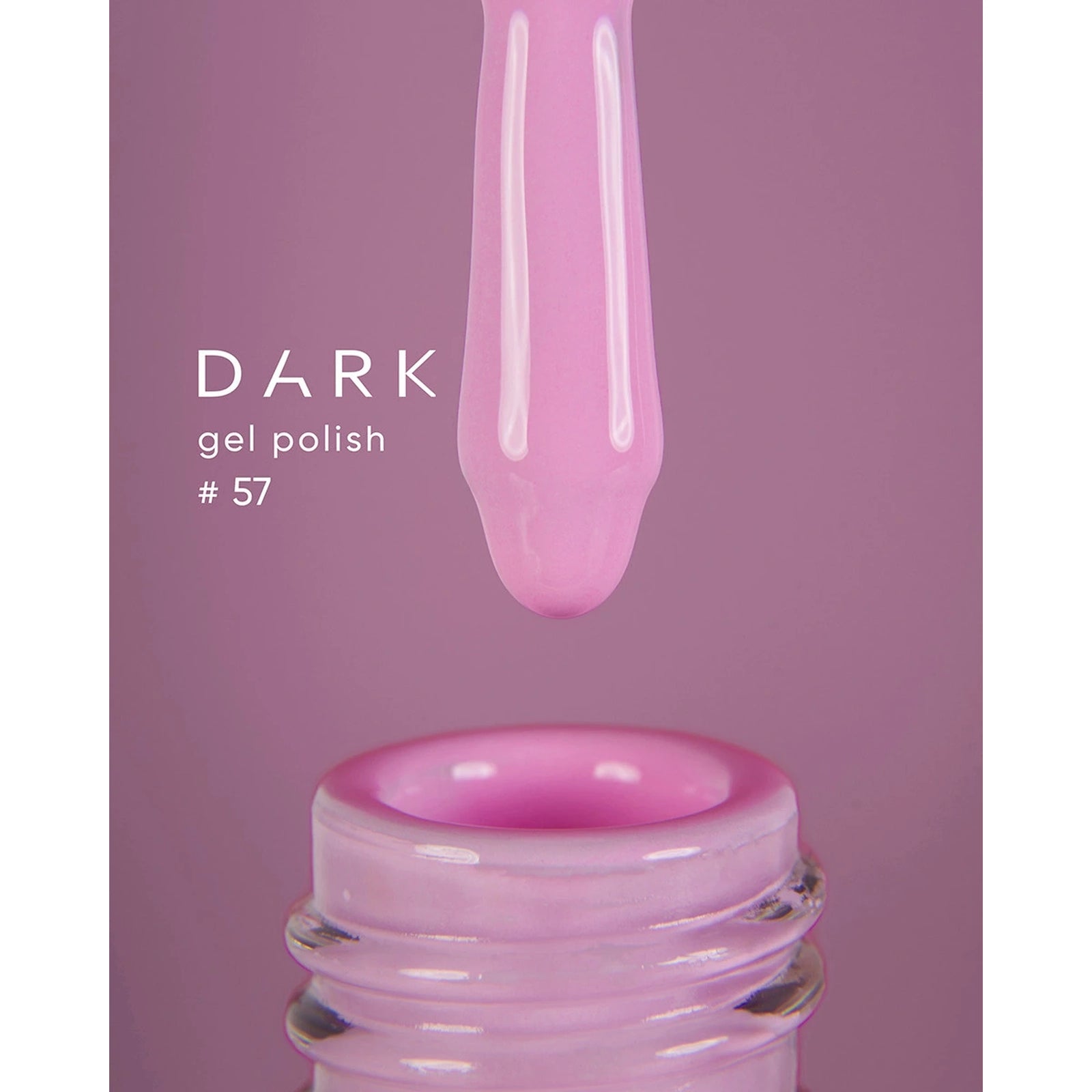 Pink gel nail polish brush above open bottle, labeled Dark gel polish #57