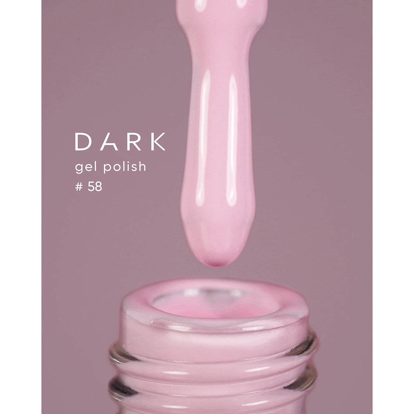 Light pink gel nail polish bottle with applicator, labeled DARK gel polish #58