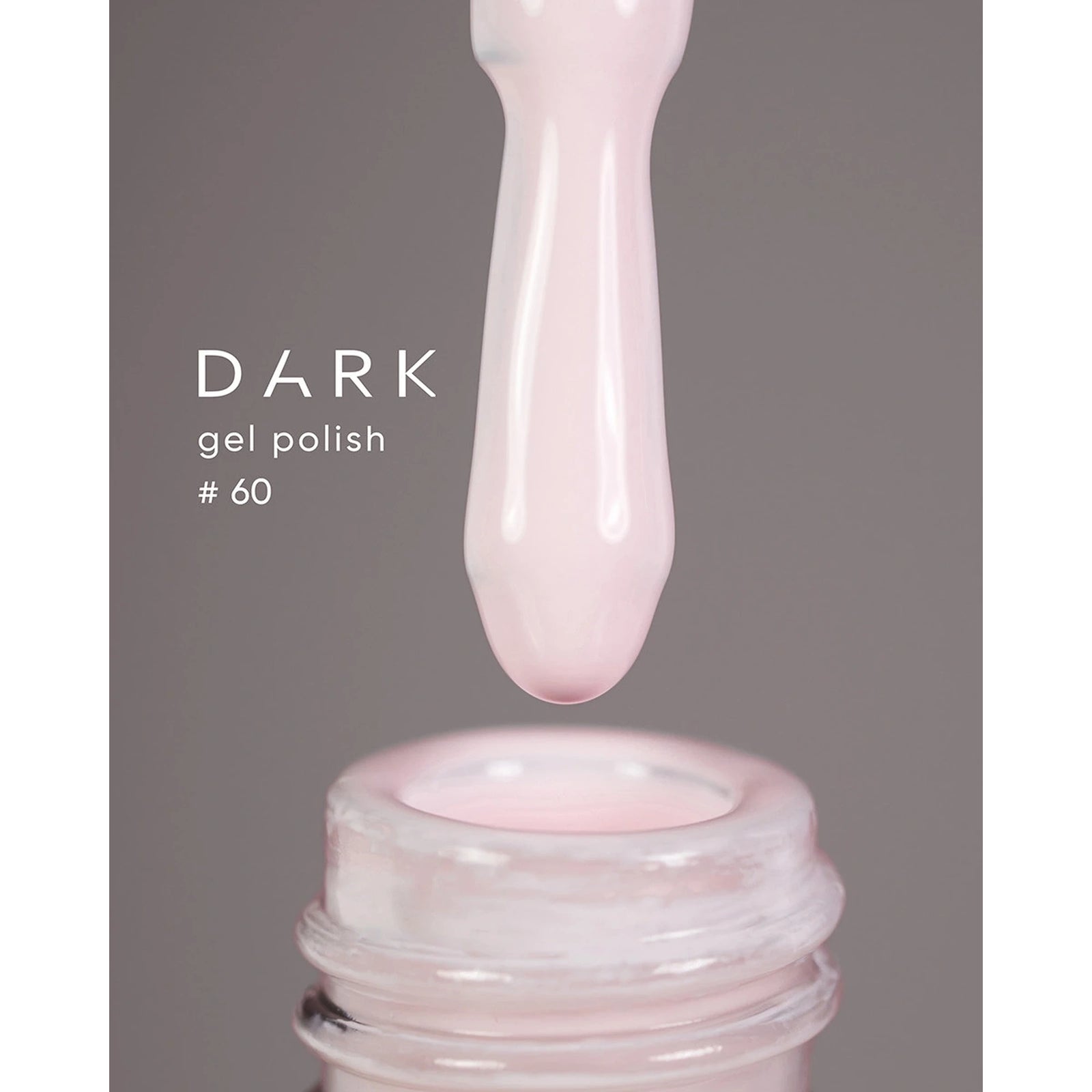 Light pink gel nail polish dripping from brush above open bottle, labeled dark gel polish #60.