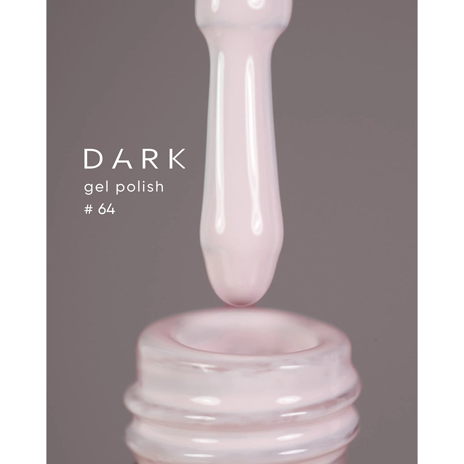 Close-up of light pink gel polish bottle and applicator, labeled Dark Gel Polish #64.