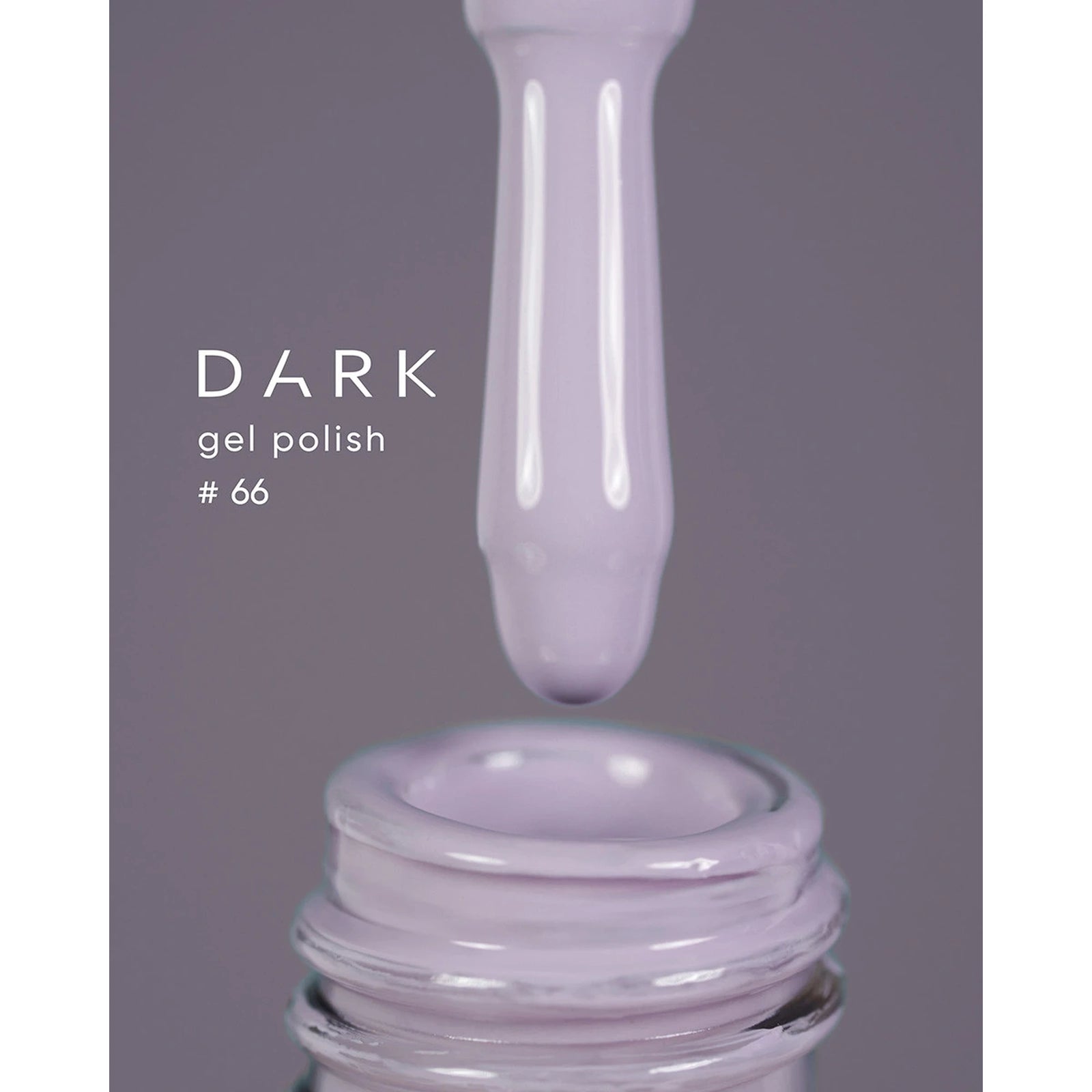 Purple gel nail polish brush and open bottle, labeled DARK gel polish #66, manicure product