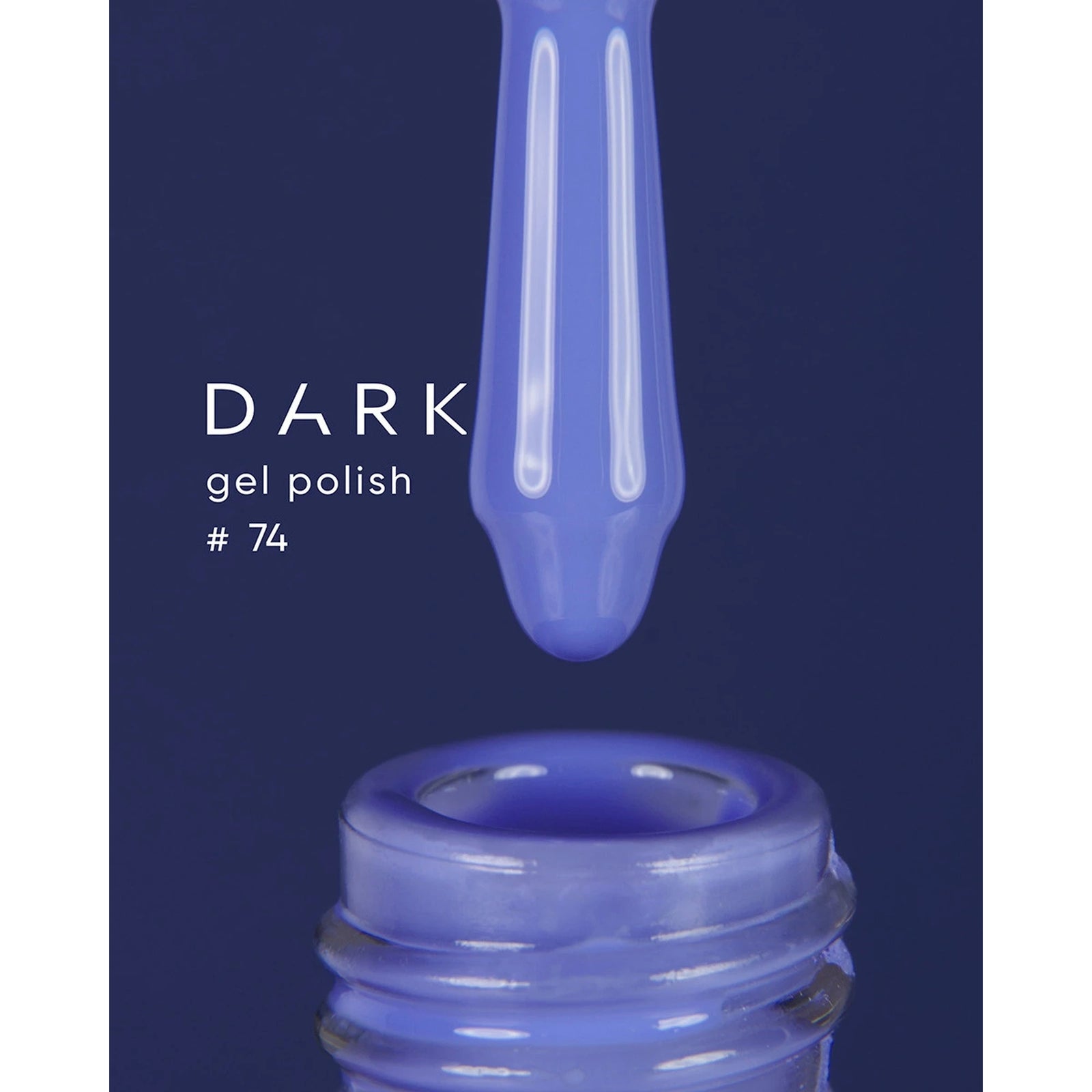 Dark gel polish #74 with blue-purple hue, brush applicator above open bottle