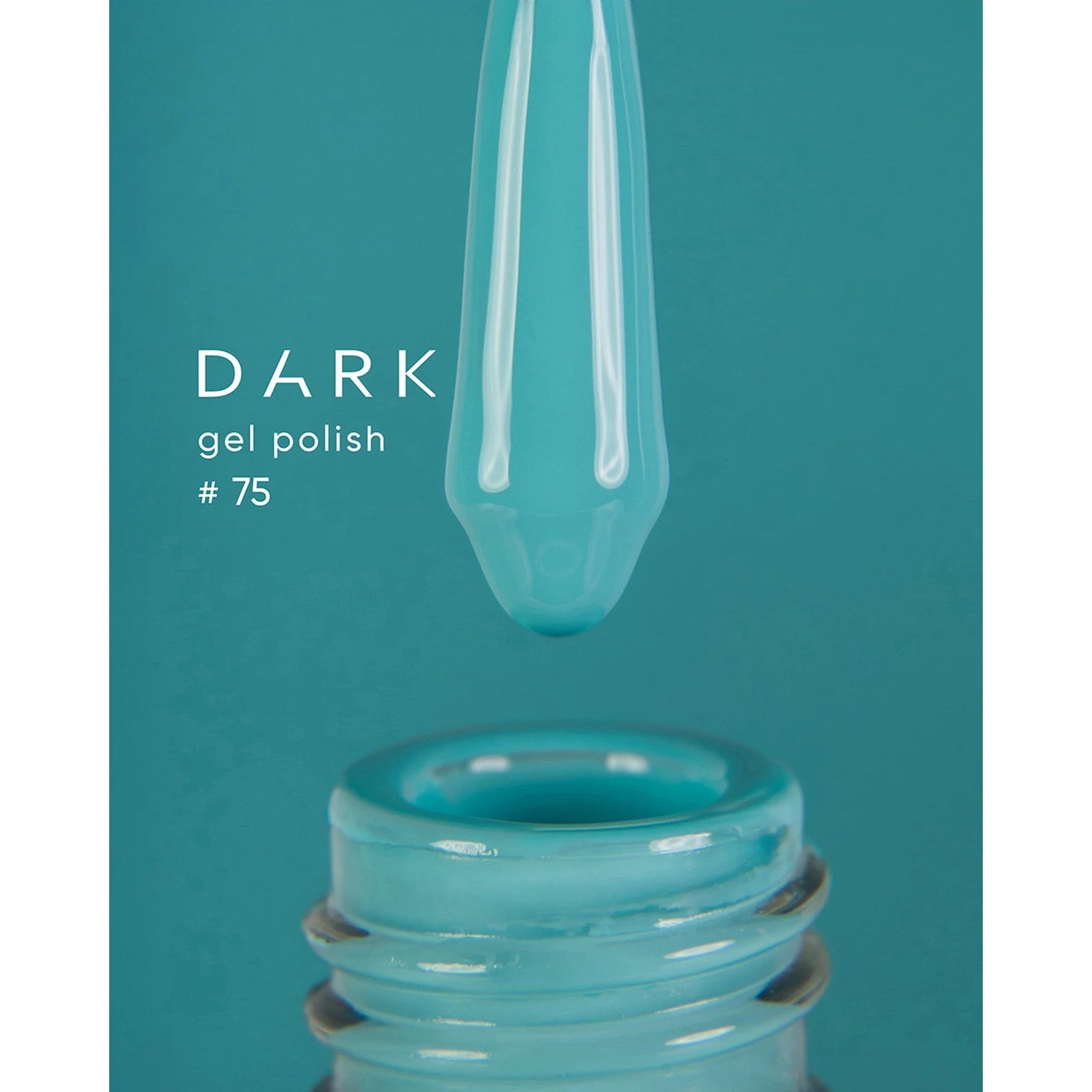 Turquoise blue gel polish being applied, labeled DARK gel polish #75, close-up view.