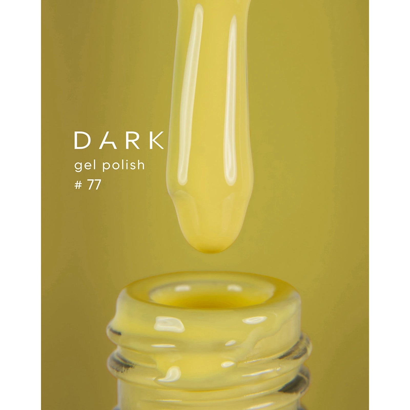 Yellow gel nail polish bottle with applicator, labeled Dark gel polish #77