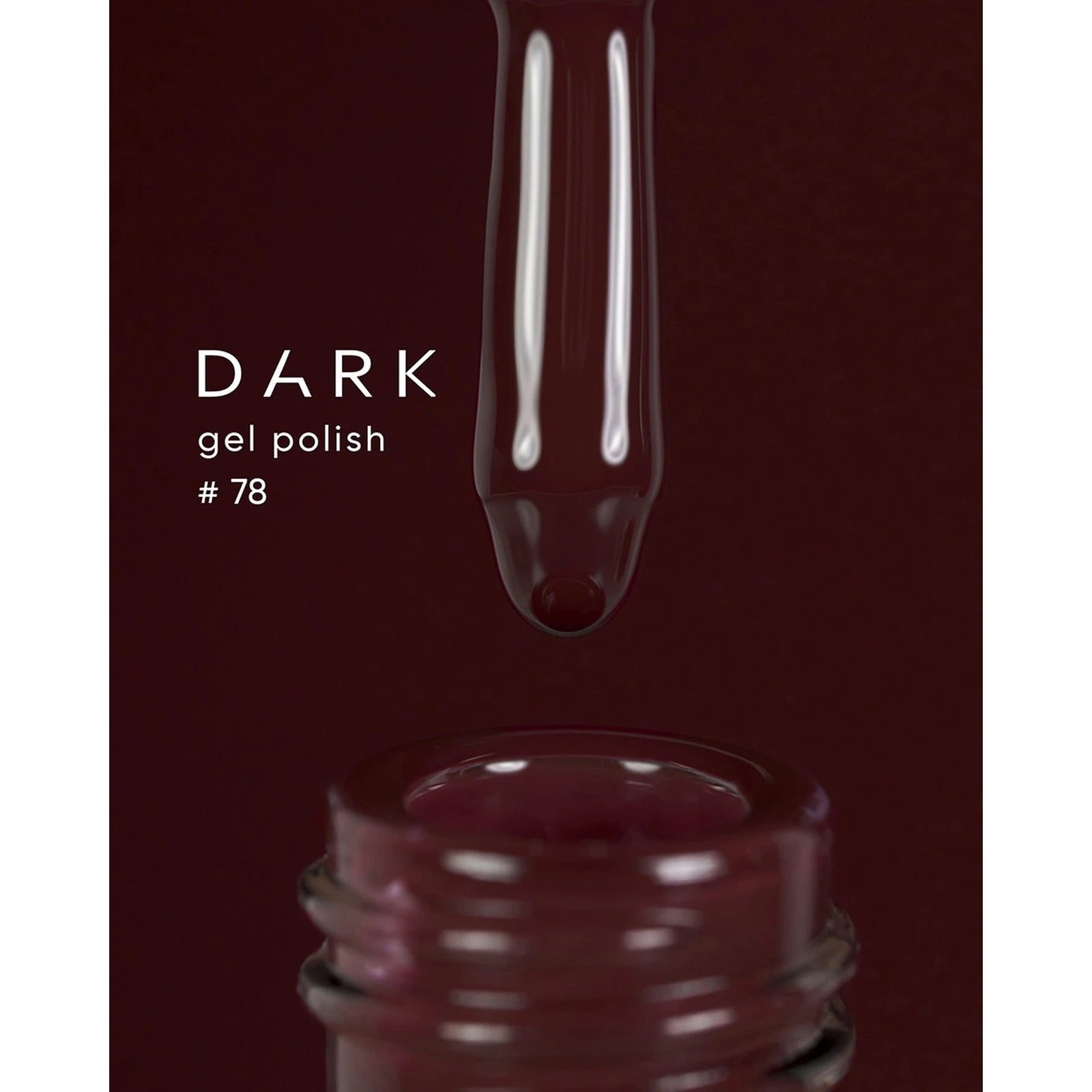 Dark gel polish #78 in a dropper above open bottle, deep burgundy manicure color