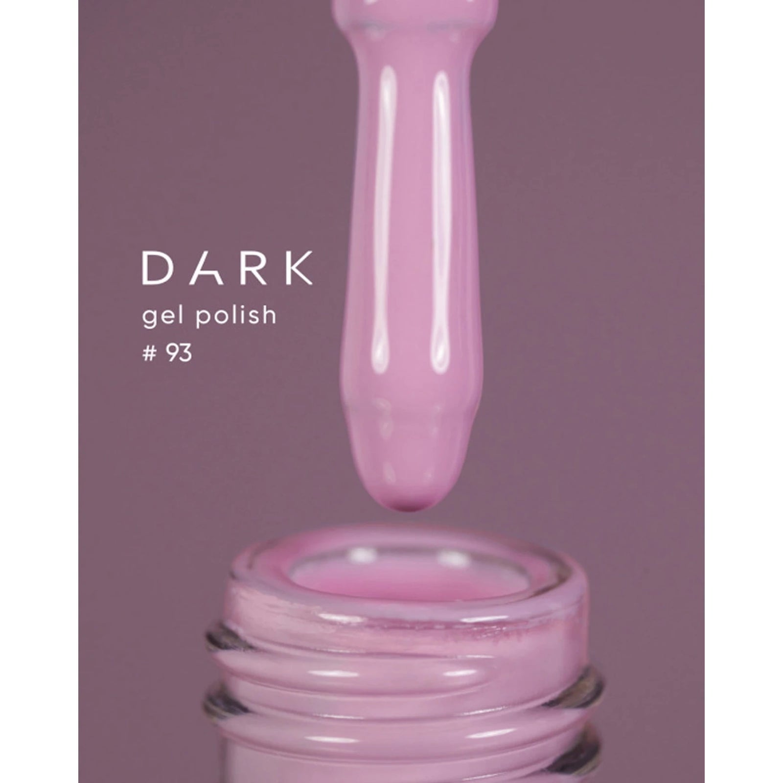 Pink gel nail polish #93 brush above open bottle on purple background