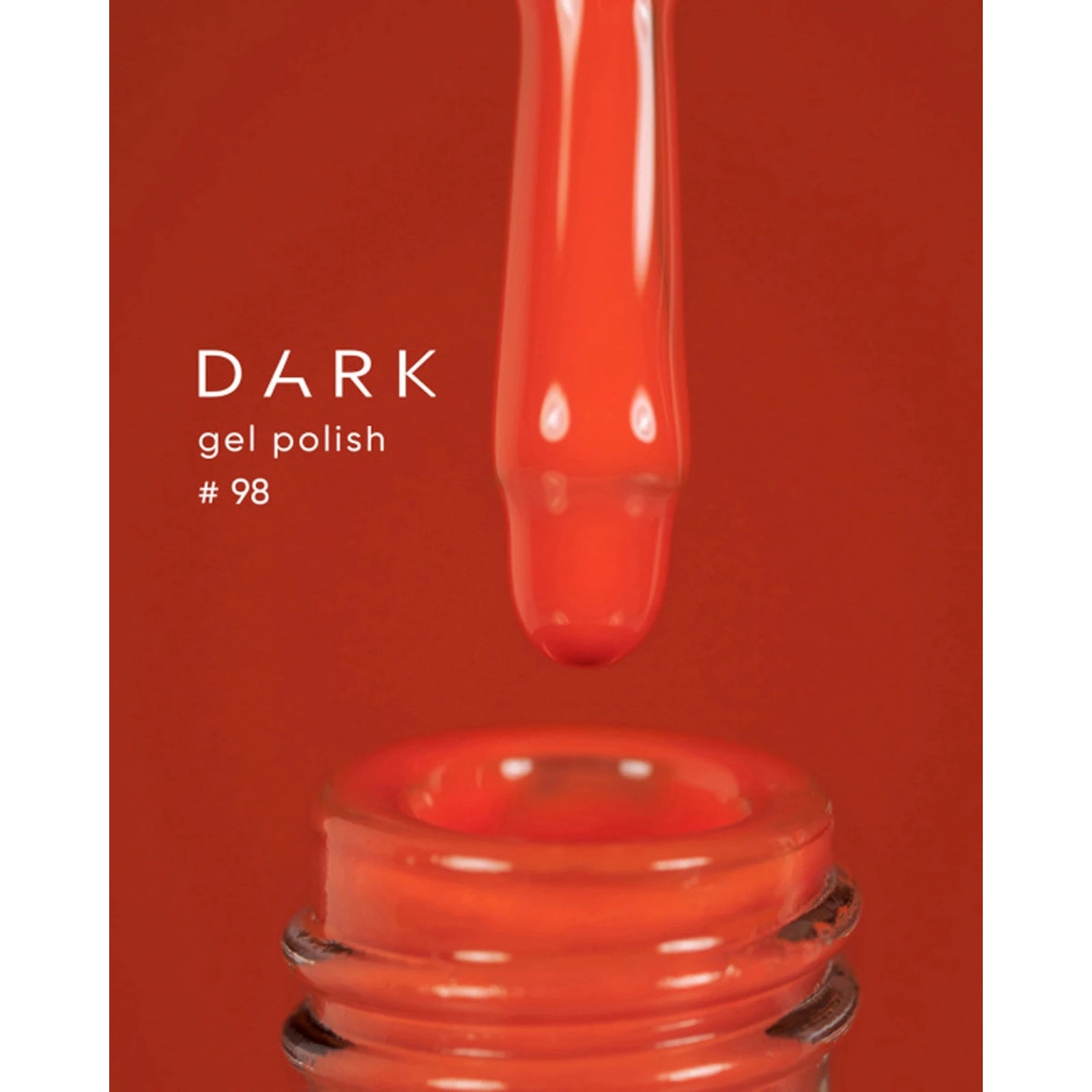Red gel nail polish bottle with brush applicator, labeled DARK gel polish #98.