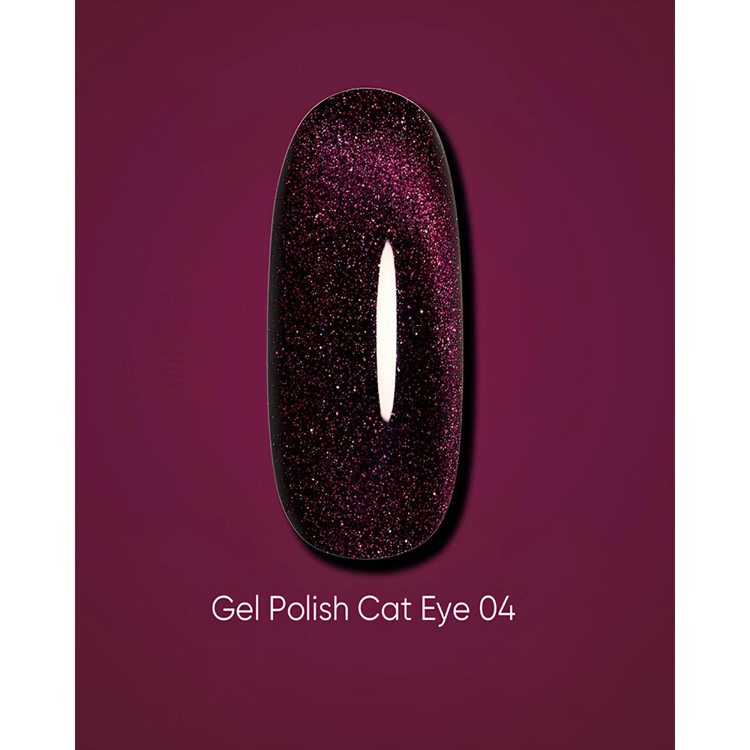 Dark purple glitter gel polish cat eye effect nail swatch on mauve background