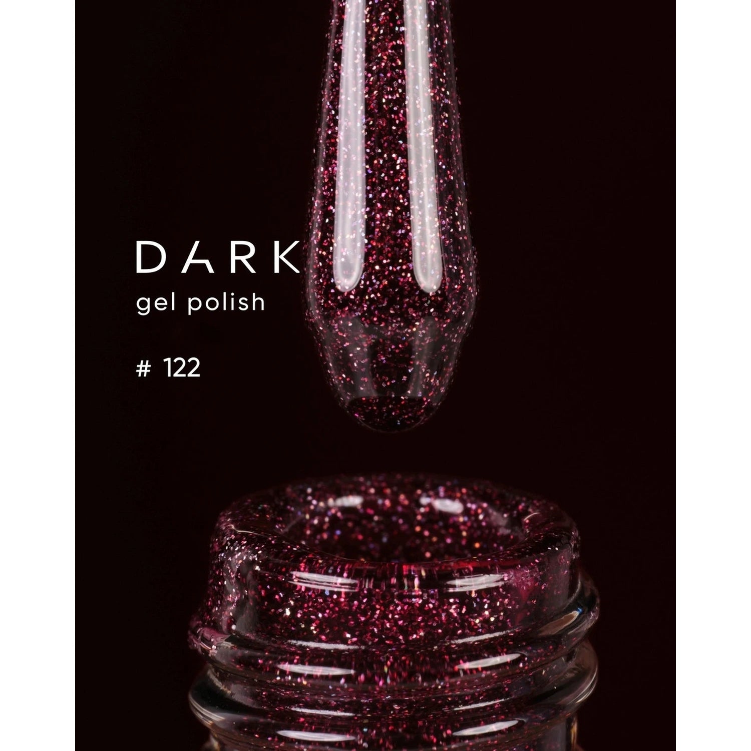 Dark gel nail polish #122 with deep burgundy glitter in open bottle close-up