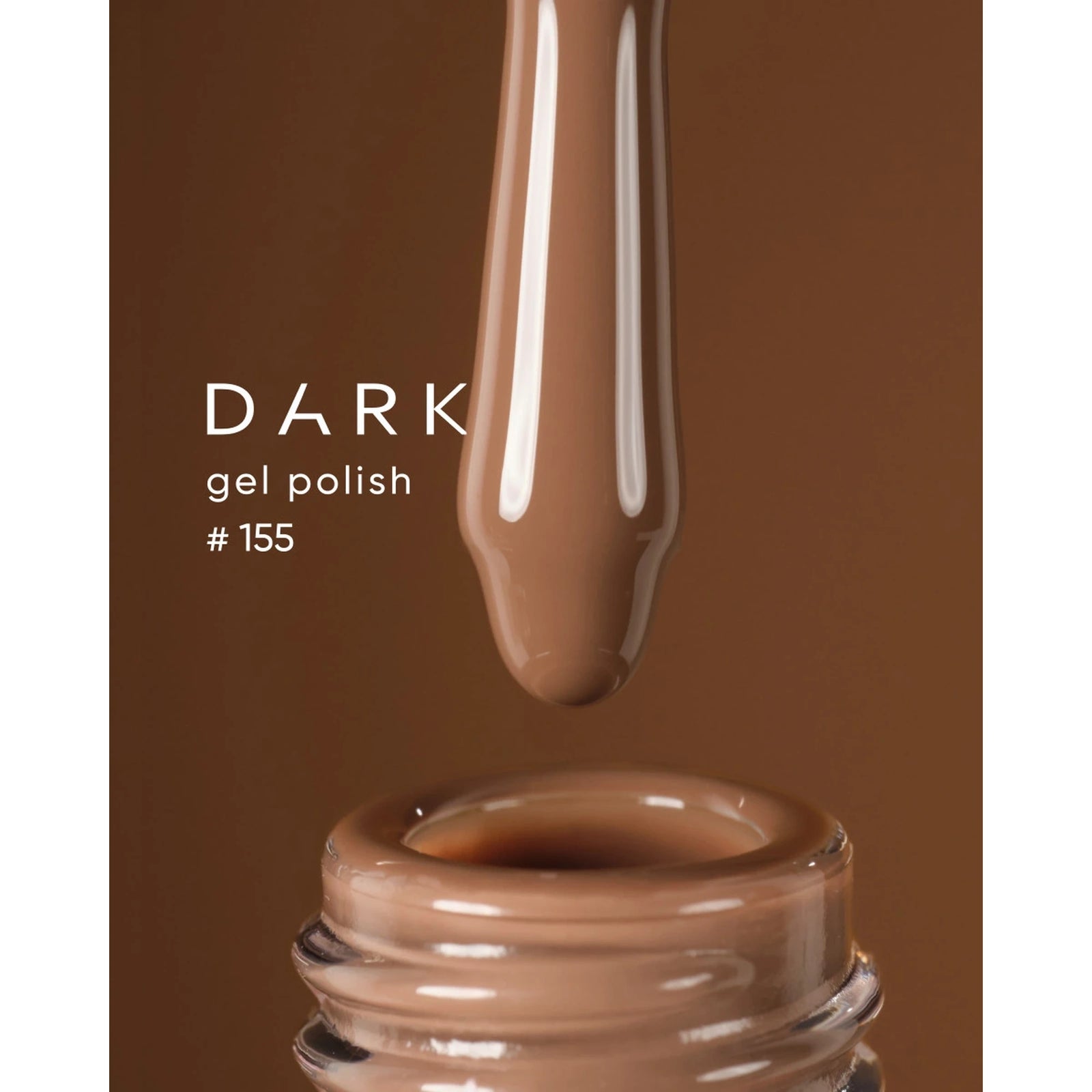 Brown gel nail polish dripping from brush into open bottle, labeled Dark gel polish #155