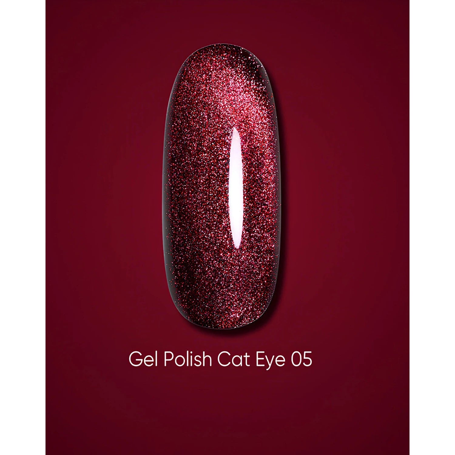 Dark red glitter gel nail polish swatch, Cat Eye 05, on deep red background.