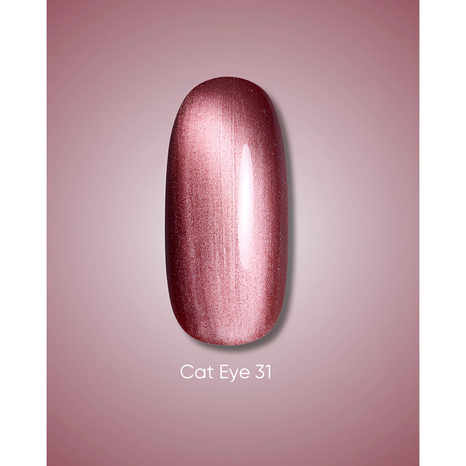 Shimmery rose gold cat eye gel polish swatch on artificial nail, labeled Cat Eye 31.