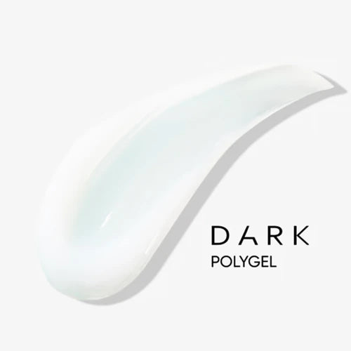 Swatch of translucent white polygel for nails with 'Dark Polygel' text on white background