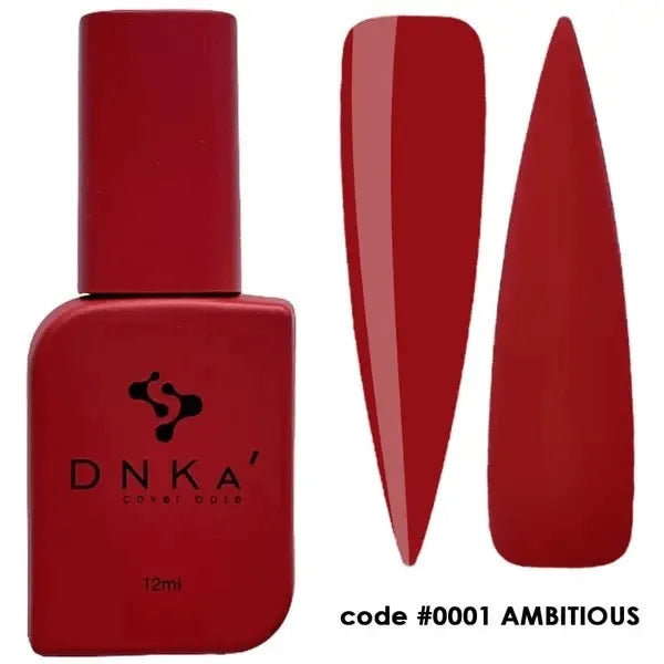 Red nail polish bottle with two nail swatches, code #0001 Ambitious, gel polish.