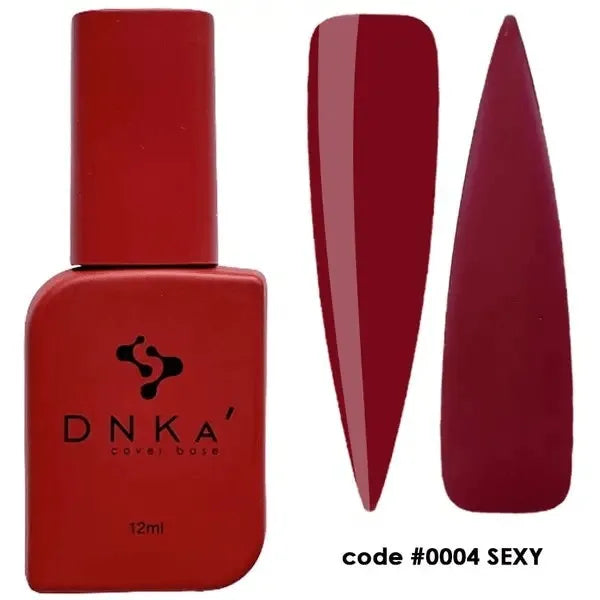 Red DNKA rubber base coat bottle with two burgundy nail swatches, code 0004.