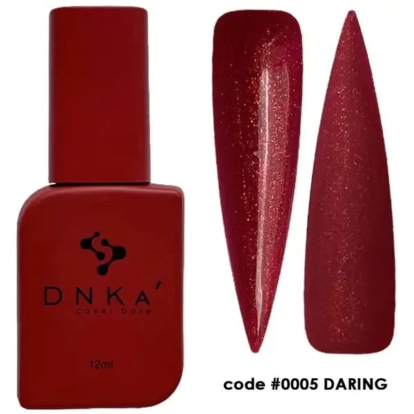 Red DNKA cover base gel polish bottle with two red glitter nail swatches, code 0005 Daring