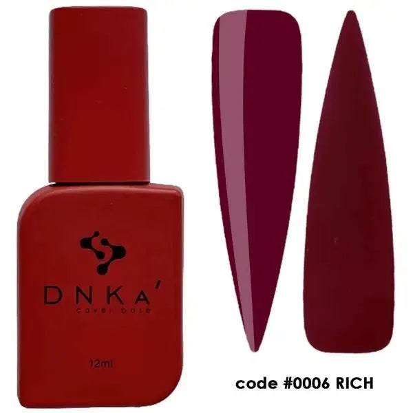 DNKA Cover Base gel polish bottle with two rich burgundy nail color swatches, code 0006
