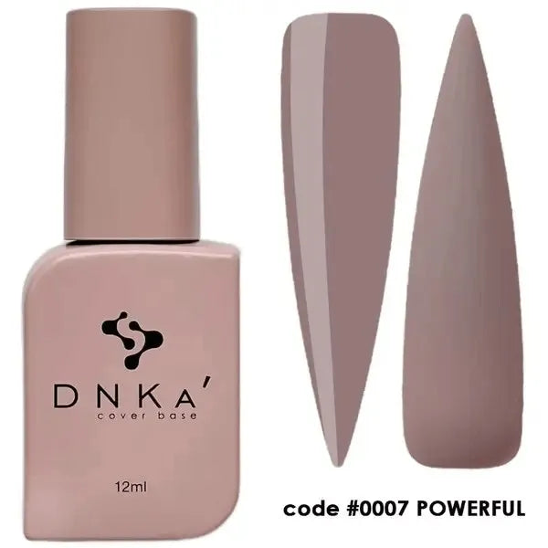 DNKA cover base nude rubber nail gel polish bottle with matching shade swatches, code #0007.