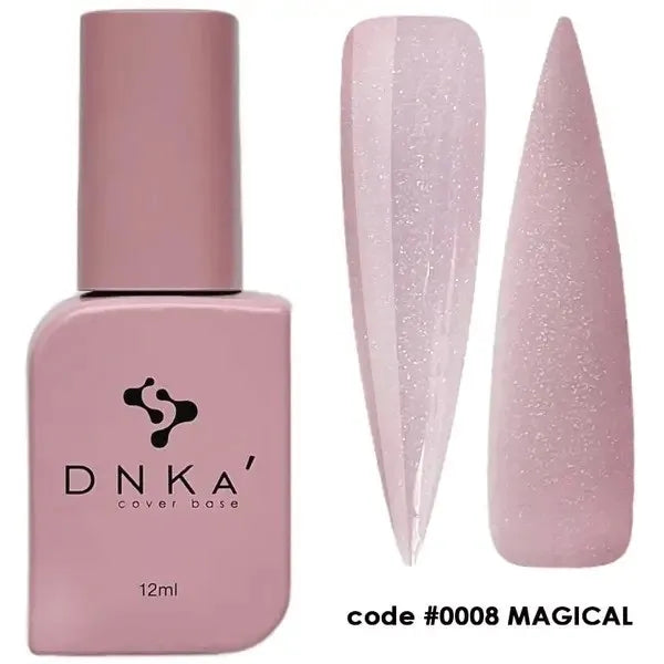 Pink DNKA cover base nail polish bottle and two swatches with glitter, code 0008 Magical.
