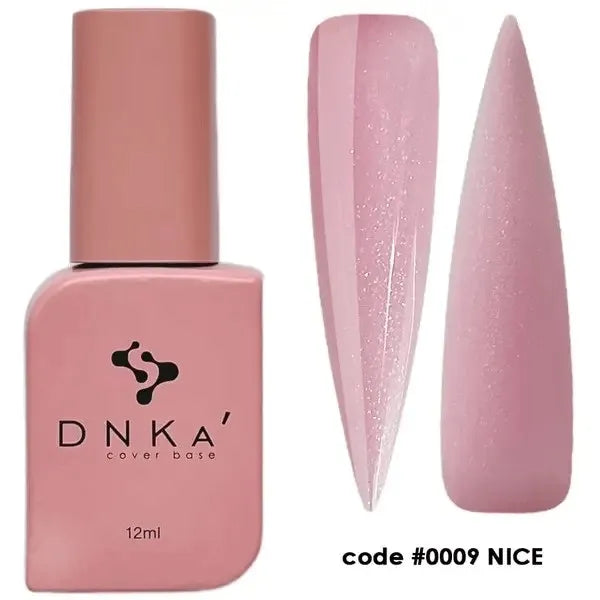 Pink DNKA cover base gel bottle with two swatches showing glossy and matte finishes, code #0009 NICE.