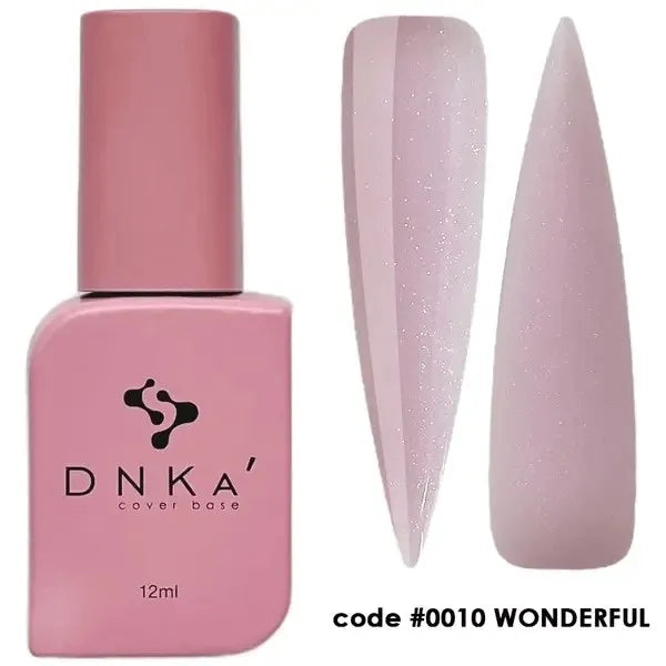Pink DNKA cover base gel bottle with two light pink glitter nail swatches, code 0010.