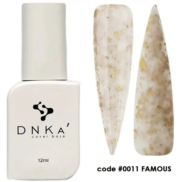 DNKA cover base gel polish bottle with two nail samples in milky white with gold flakes, code 0011