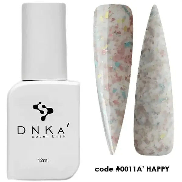 DNKA cover base nail gel polish bottle with two swatches in pastel confetti shade, code 0011A