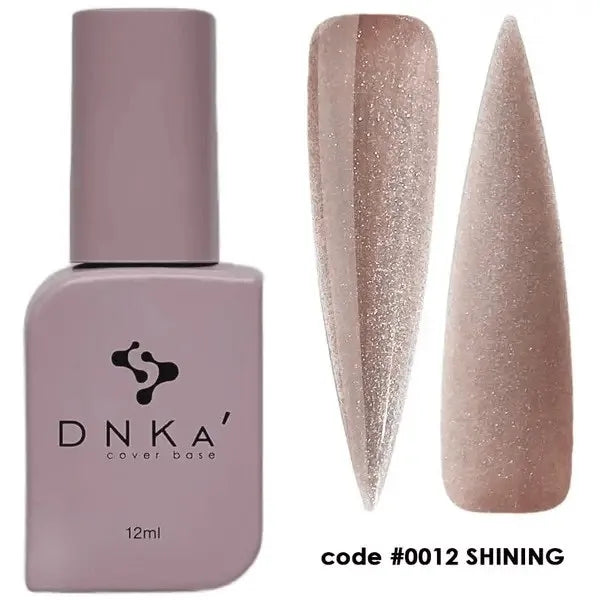 DNKA nude rubber base nail gel polish with shimmering finish, sample swatches, code 0012