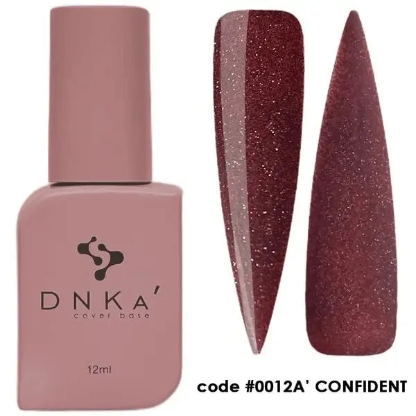 Dark rose glitter gel polish bottle with two nail swatches, DNKA cover base code 0012A