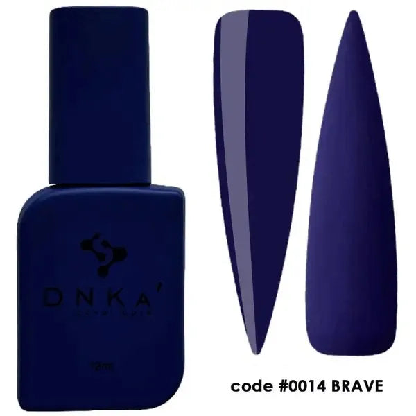 Dark blue nail gel polish bottle with two nail color swatches, code 0014 BRAVE.
