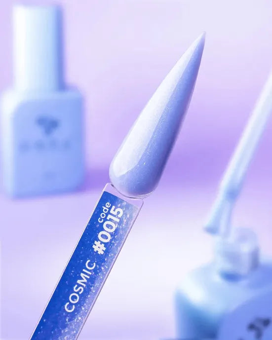 Swatch of pastel purple rubber base gel for nails, code 0015, with glossy finish