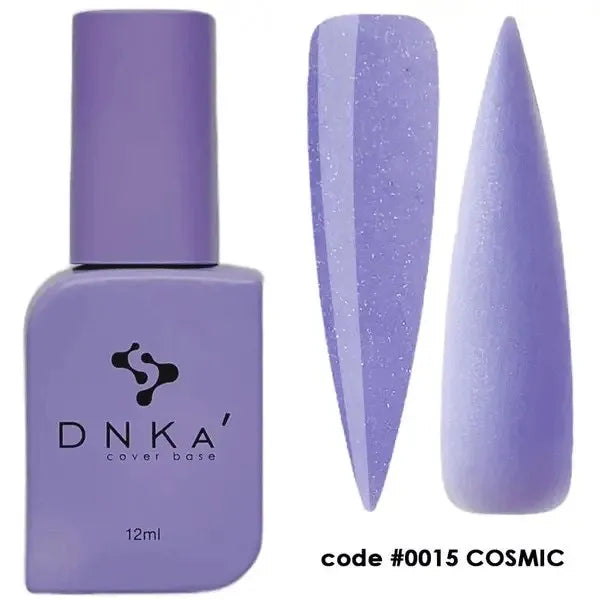 Purple rubber cover base nail polish bottle with two lavender nail samples, code 0015 COSMIC