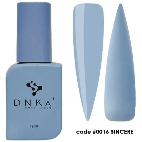 Blue gel nail polish bottle with matching color swatches, DNKA cover base 12ml, code 0016.