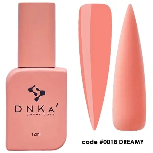 Peach pink DNKA cover base nail polish bottle with color swatches, code 0018 Dreamy