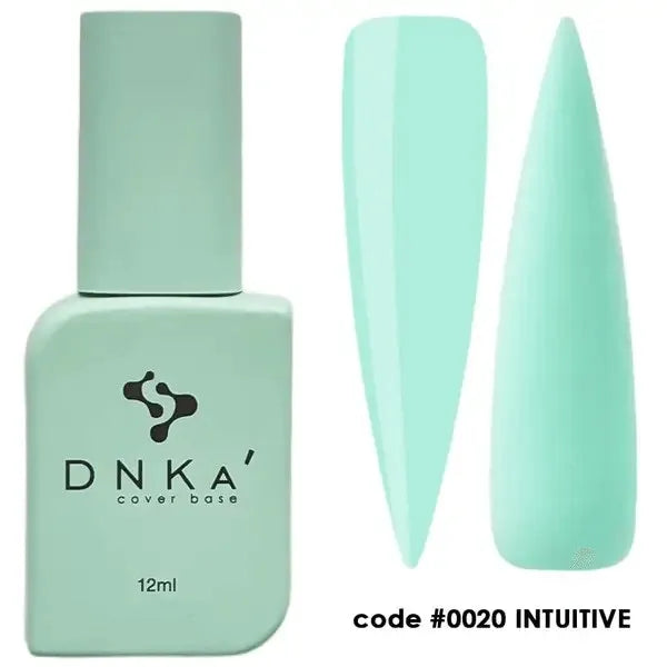 Light mint green nail gel polish bottle with two nail swatches, code 0020 INTUITIVE.
