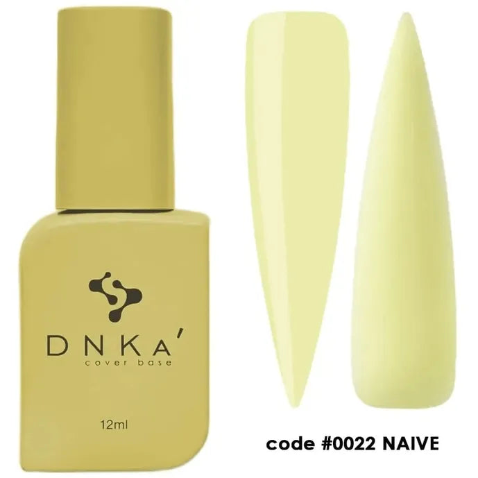 DNKA cover base rubber nail polish in pastel yellow, swatch shown, code 0022 Naive